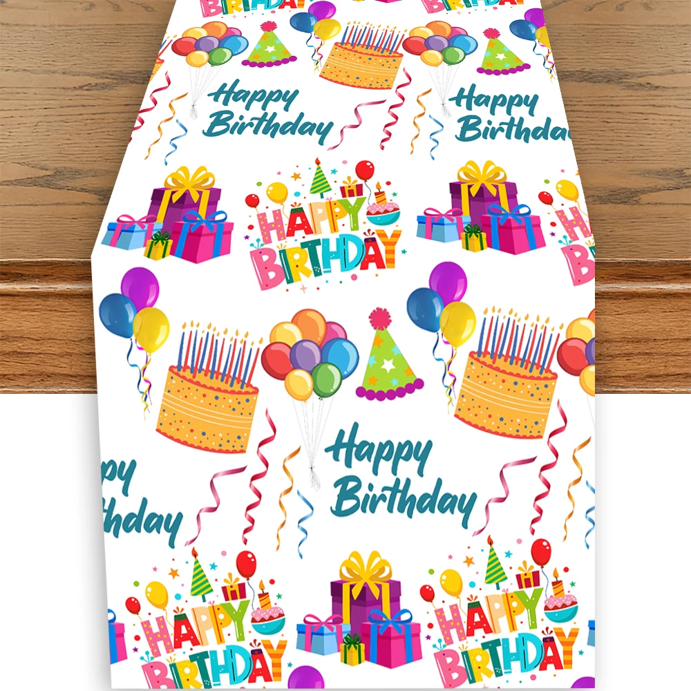 1 Stück Polyester-Tischläufer „Happy Birthday“, buntes Kuchen-Geschenk-Ballon-Muster, 180 x 35 cm, Tischdekoration für Geburtstagsparty-Dekoration