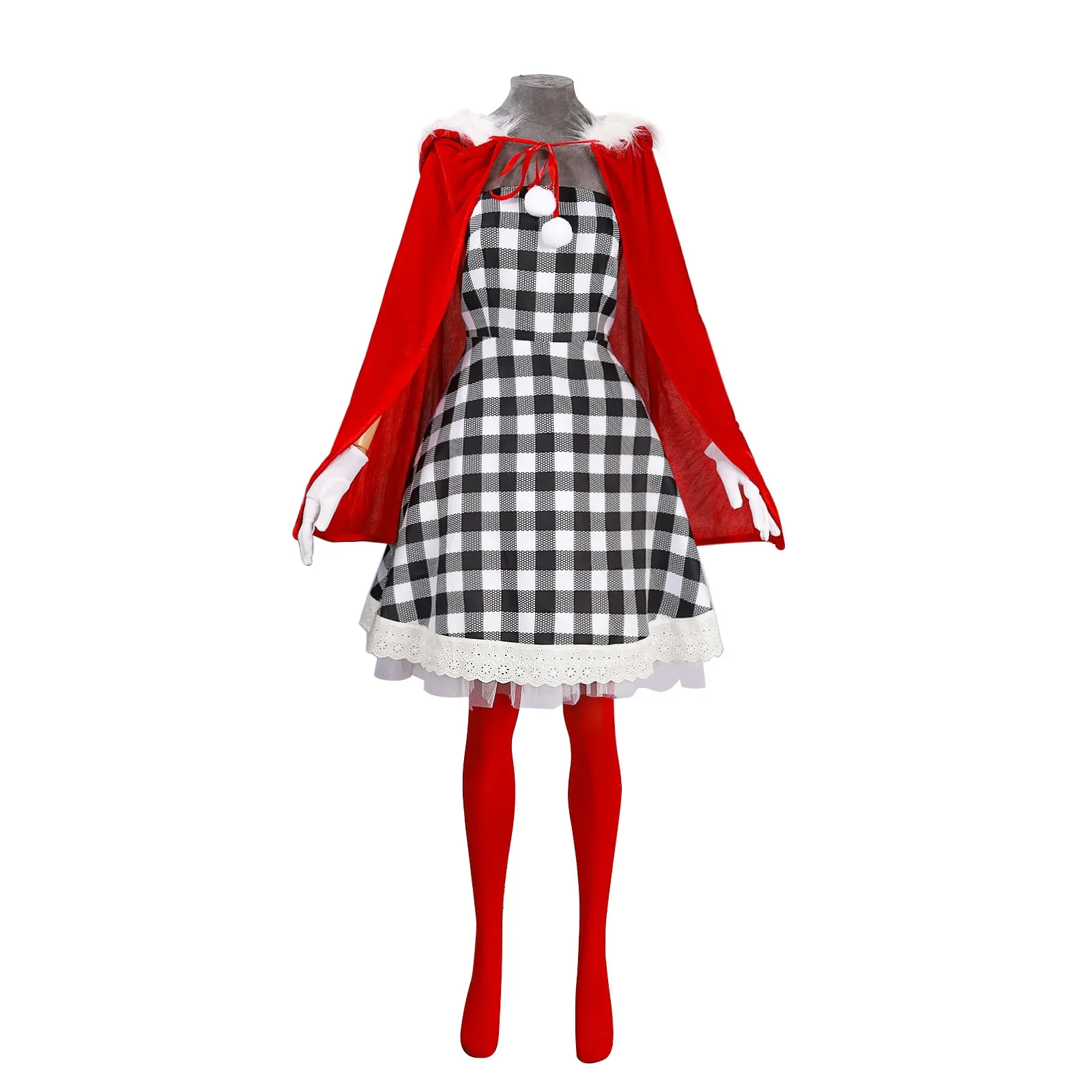 Cindy Christmas Girl Cosplay Costume Anime Christmas Grinch Costume Full Set Black White Plaid Dress and Red Cape Party Dress view 4