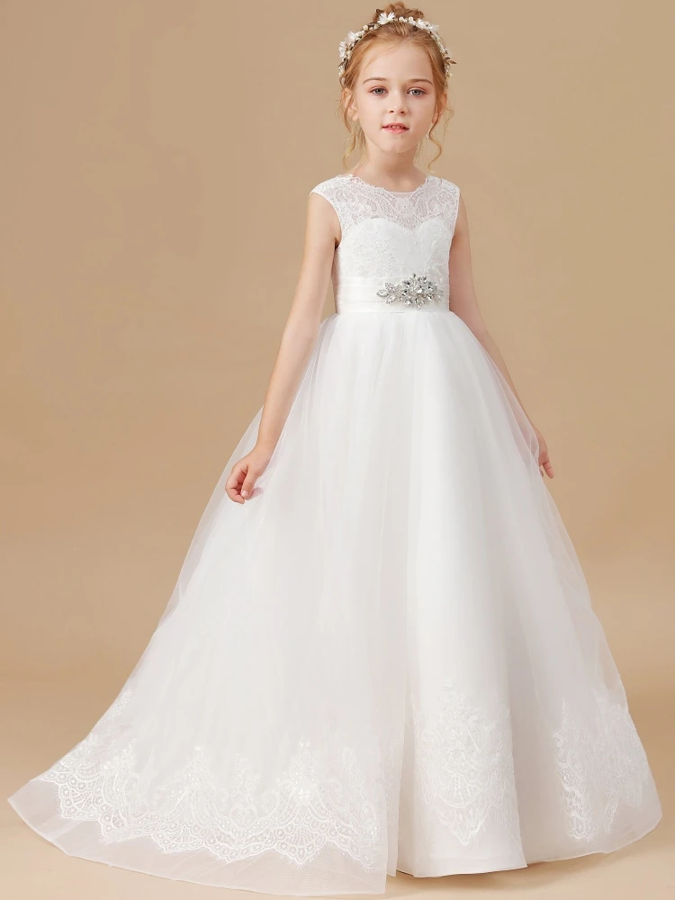 Flower Girl Dresses White Tulle Flory Appliques Diamond With Tailing Sleeveless For Wedding Birthday Holy Communion Gowns