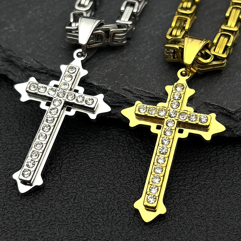 الراين يسوع الصليب قلادة قلادة للنساء الرجال الذهب اللون الفولاذ المقاوم للصدأ الكاثوليكية الهيب هوب البيزنطية سلسلة مجوهرات هدية #3