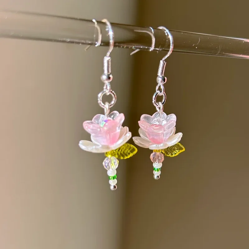 Handmade Y2k Pink Flower Earrings Beaded Lotus Flower Earrings Fairycore  Jewelry Dainty Bead Accessory Gift Idea Earrings