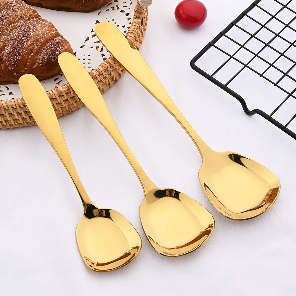 Gold Top Quality 18/10 Stainless Steel 3 Sizes Flat Spoons Dinnerware Set For Soup Stirring Spoon Flatware Kitchen Accessories