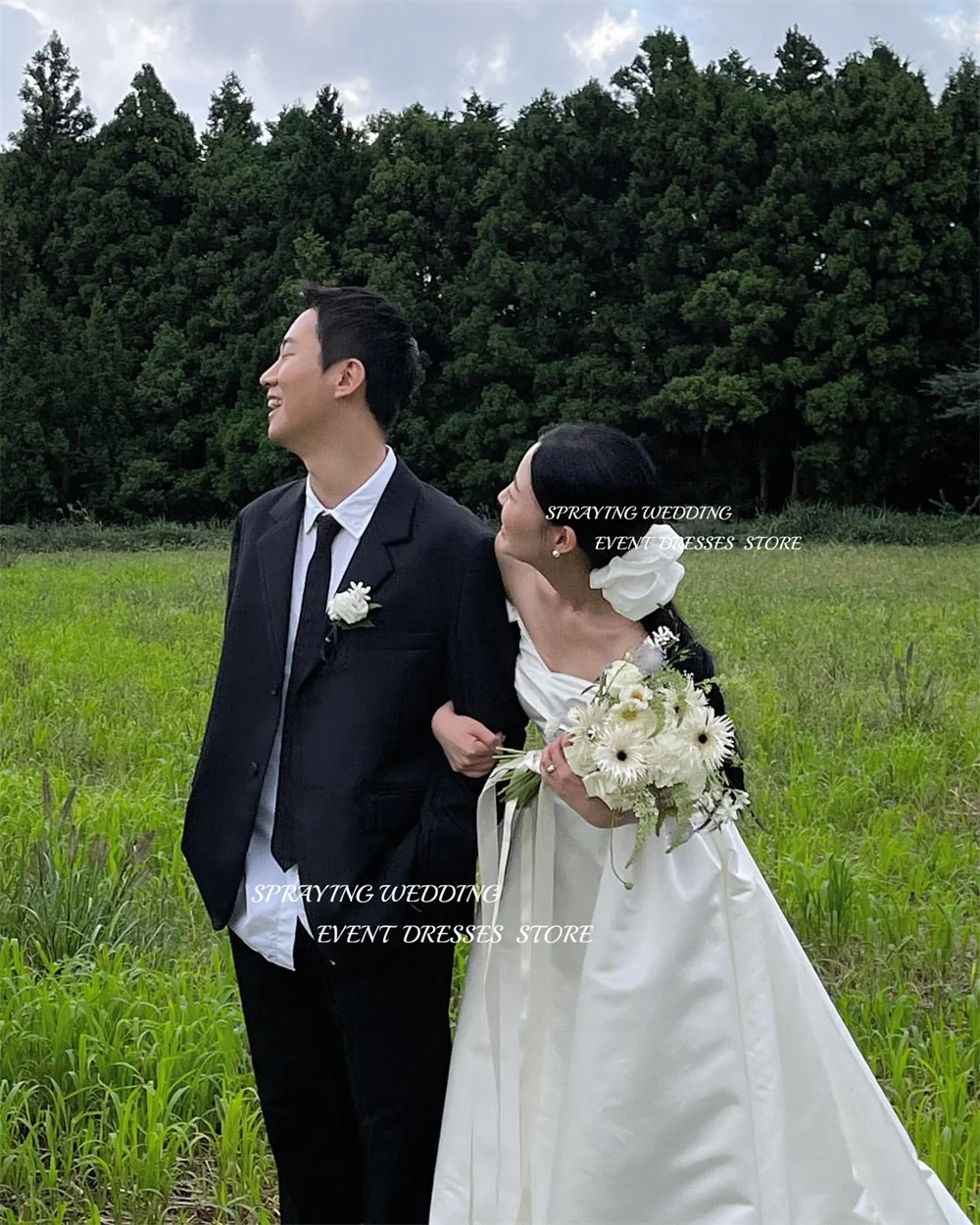 Éventuelles RAYING-Robes de mariée coréennes en satin A-ligne, robes de mariée lancées, séance photo de jardin, blanc, longueur au sol, longs patients, quel que soit le corset au dos