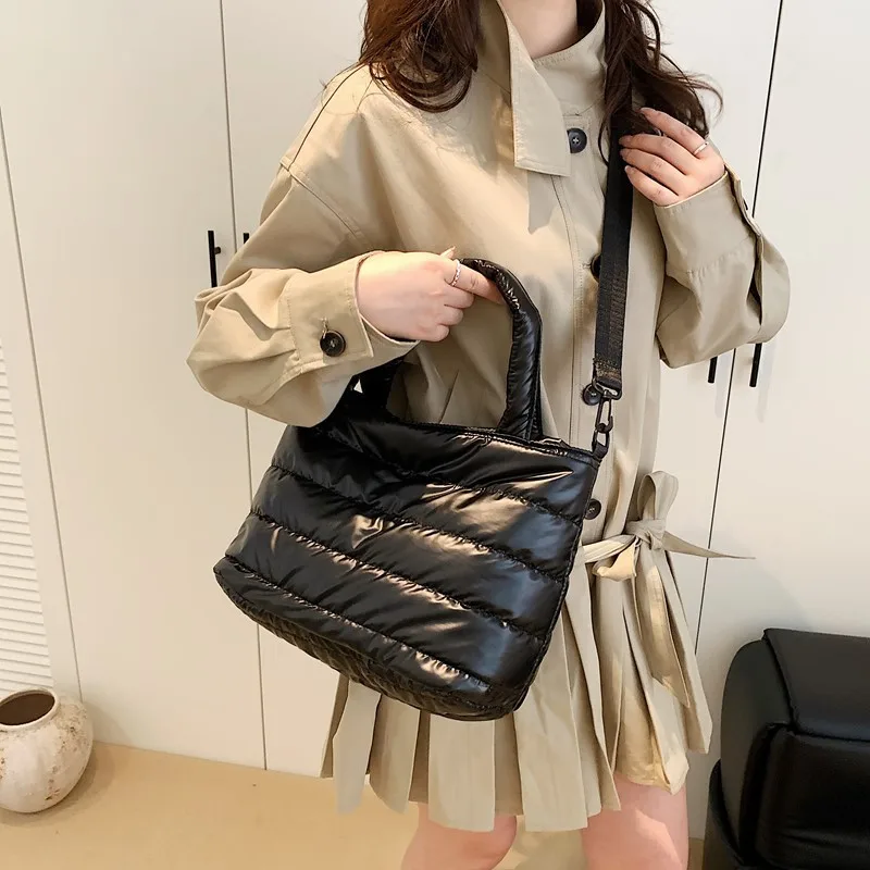 Puffer Quilted Crossbody Tote Bag Adjustable Wide Shoulder Strap Large Capacity Satin Down Women Handbag Shoulder Bag Daily Use view 2