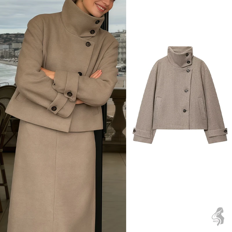 

Женское короткое шерстяное пальто с асимметричным воротником-стойкой, простой и изысканный топ для работы и повседневной носки, женская одежда, топы