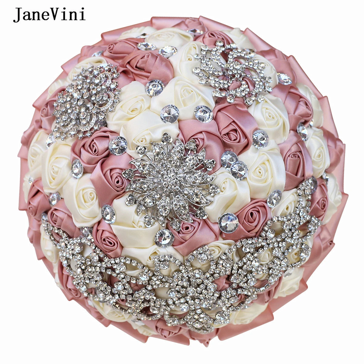 

JaneVini Elegant Nude Pink Wedding Bouquets for Bride Sliver Rhinestones Artificial Satin Roses Bridal Holding Flowers Bouquet