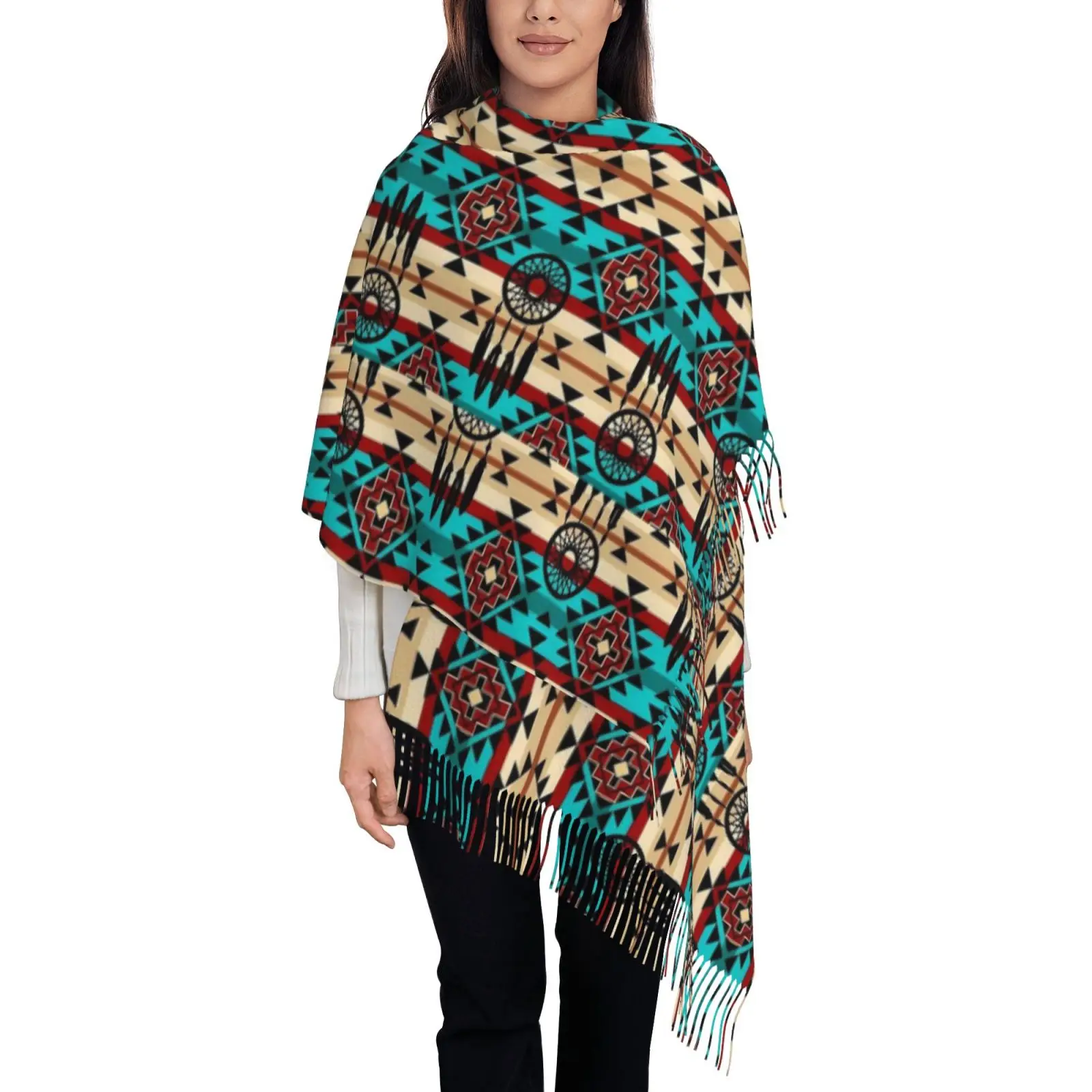 Women Ethnic Tribal Geometric Print Shawl Scarf, Tassel Large Wrap, Soft Fashion Ladies Bohemian Cape Scarves