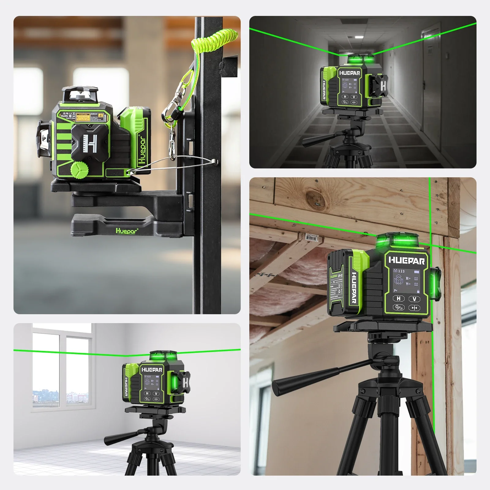 Huepar W03CG Laser Level Green Cross 3D 12 Lines Bluetooth Lazer Leveler With Electric Rotating Base & Large LCD Screen & Remote