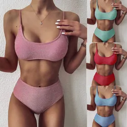 Solid Color Padded Bra Bikini Sets Swimsuit Women Push Up Y2k Tankini Swimwear Set New Beach Mujer High Waist Biquini Suit