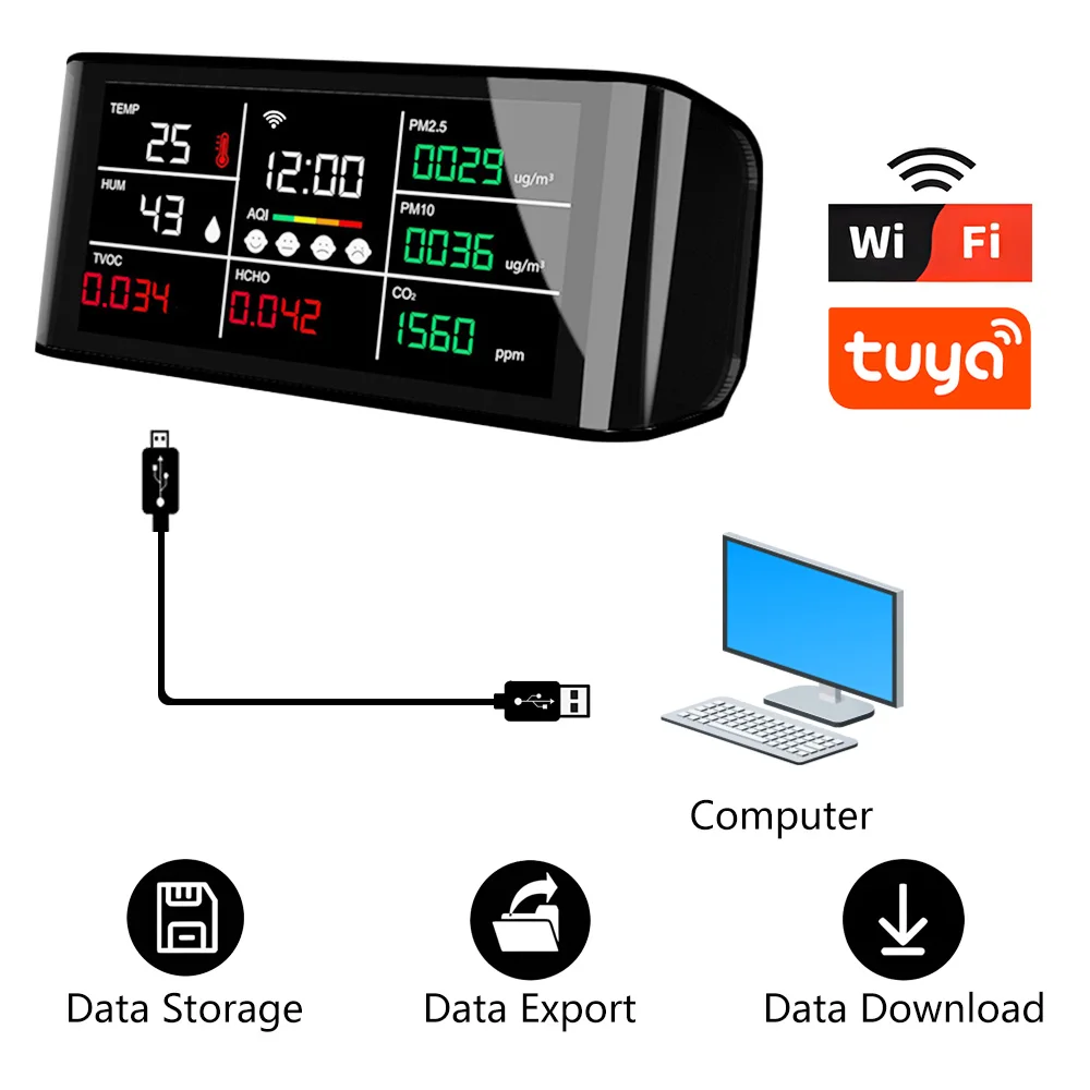 11 In 1 Wifi Co2 Monitor Air Quality Detector Pm2.5 Pm10 Tvoc Hcho Aqi Multifunction Monitor Temperature Humidity Meter