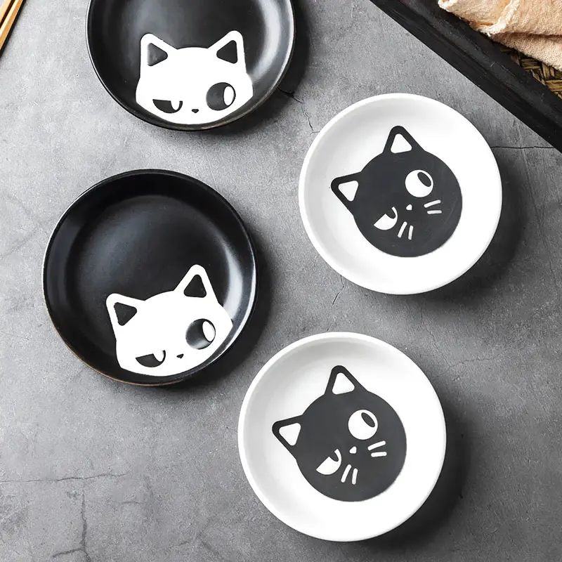 Ceramic Seasoning Dish Cartoon Cat Japanese Household Soy Sauce Vinegar Dishes Roast Meat Dip Round Snack Plate Bowl White Black