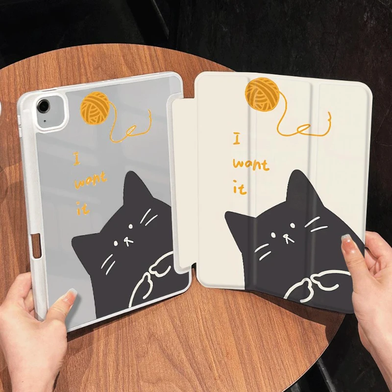 Smart PU Case for 7 8 9th 10.2 Funda Cover IPad Air 5 Air 4 10.9 IPad Pro 11 2022 Cute Black Kitten Smart Cover Case 10th Funda