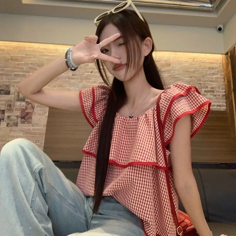 

French Style Flutter Sleeve Gingham Crop Top, Square Neck Ruffle Babydoll Shirt Women's Summer Loose Fit Blouse Female Clothing