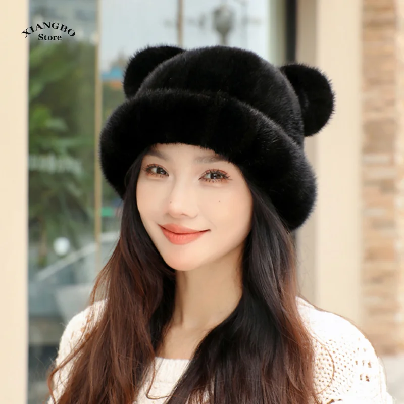 100% Real Mink Fur Hat Edamame Beanie For Girls Soft Thickened Furry Beret Ladies Hat Elegant Winter Outdoor Windproof Warm Hat