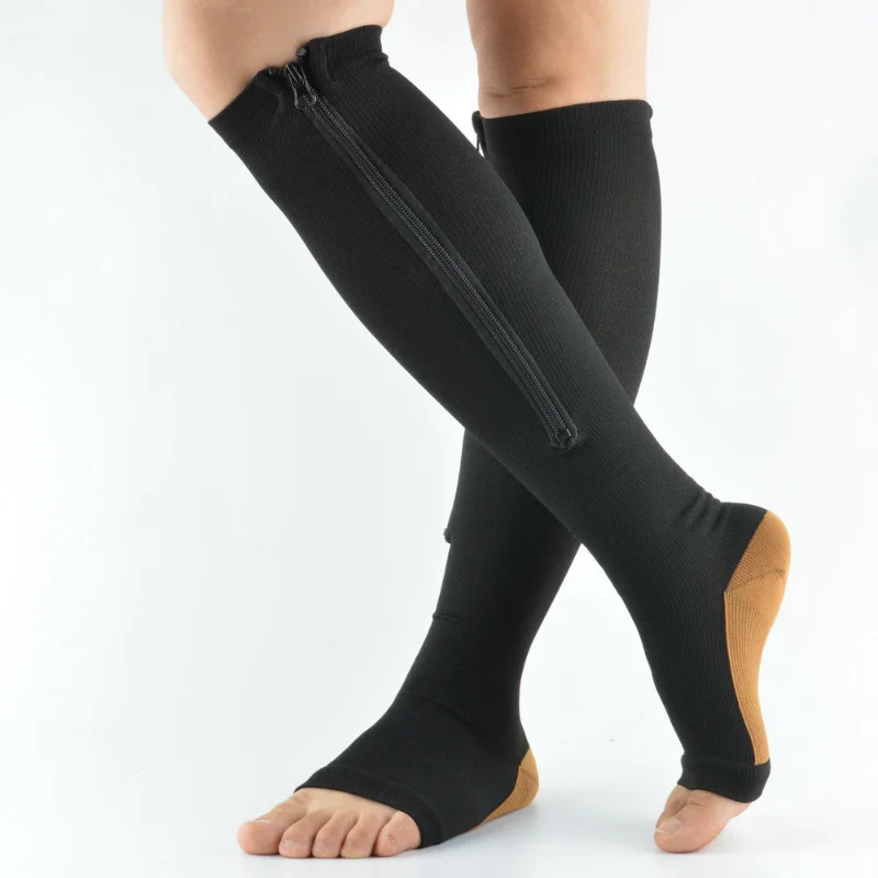 Calcetines médicos hasta la rodilla de cobre para hombre y mujer, medias de compresión laterales, sin punta, con cremallera