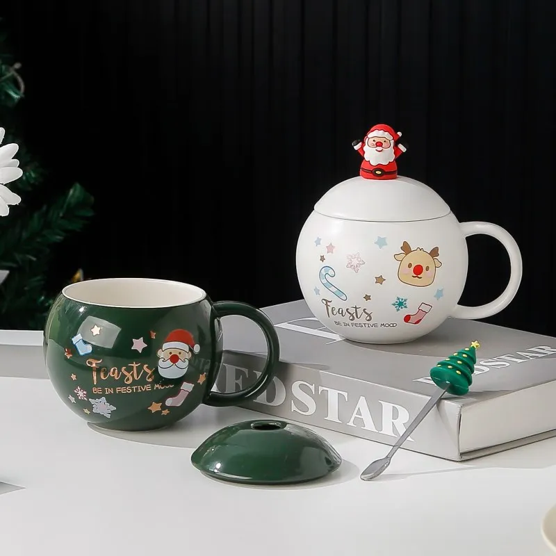 

Santa Claus Coffee Cup with Lid Cartoon Ceramic Mug Exquisite Afternoon Tea Floral Tea Coffee Cup Home Breakfast Milk Mug Gifts