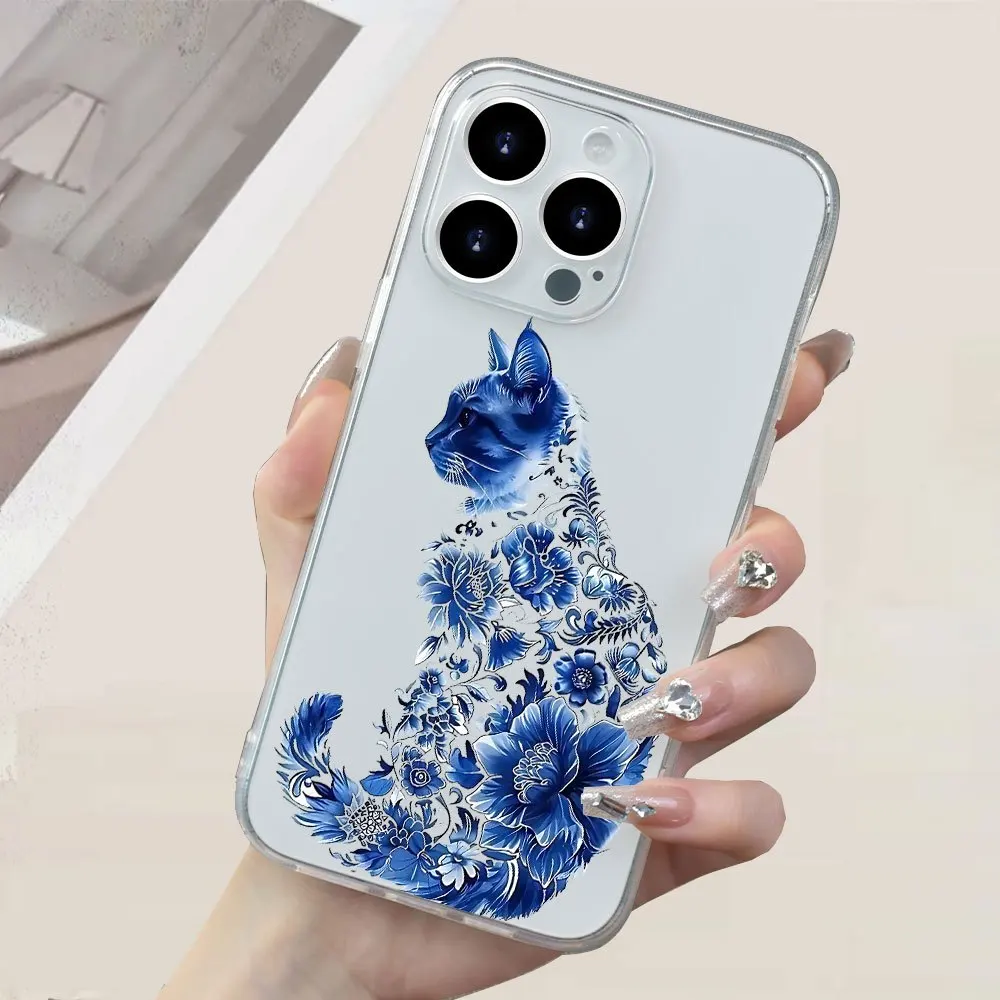 حافظة هاتف شفافة من مادة TPU على شكل زهرة زرقاء لهاتف آيفون 16، 15، 14، 13، 12، 11 Pro Max/Plus/Mini XR/XS/X MAX/7 8G Plus