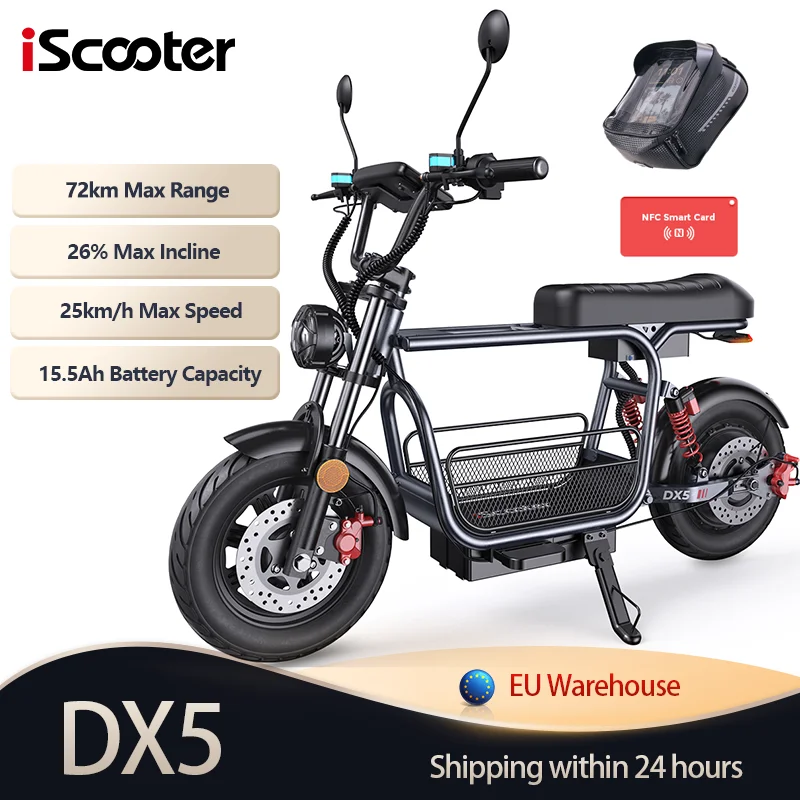 Bicicletta Elettrica IScooter DX5 con Sedile e Cestino, Batteria da 15.6Ah, Velocità Massima 25km/h, Autonomia 60-72km, Pneumatici da 15'', E-Motocicletta con NFC