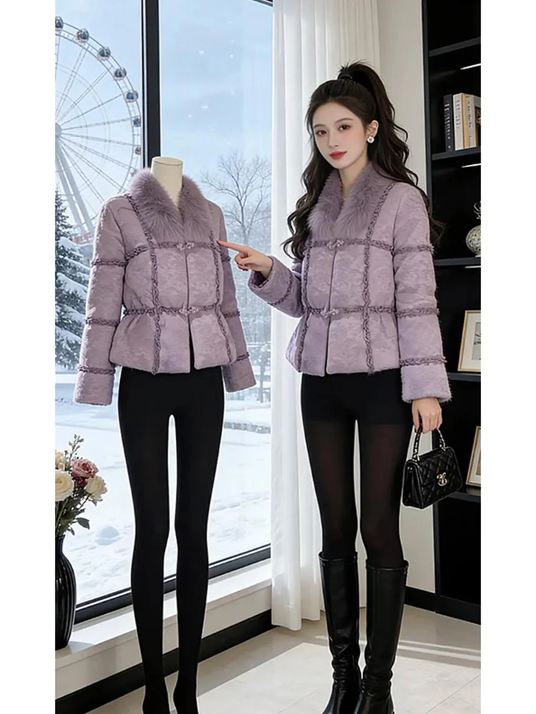 

Purple Fur Collar Cotton Jaet Women's Winter Thiened Faion Simple Casual Warm Bread Sle Clothing Korean Version Long ...