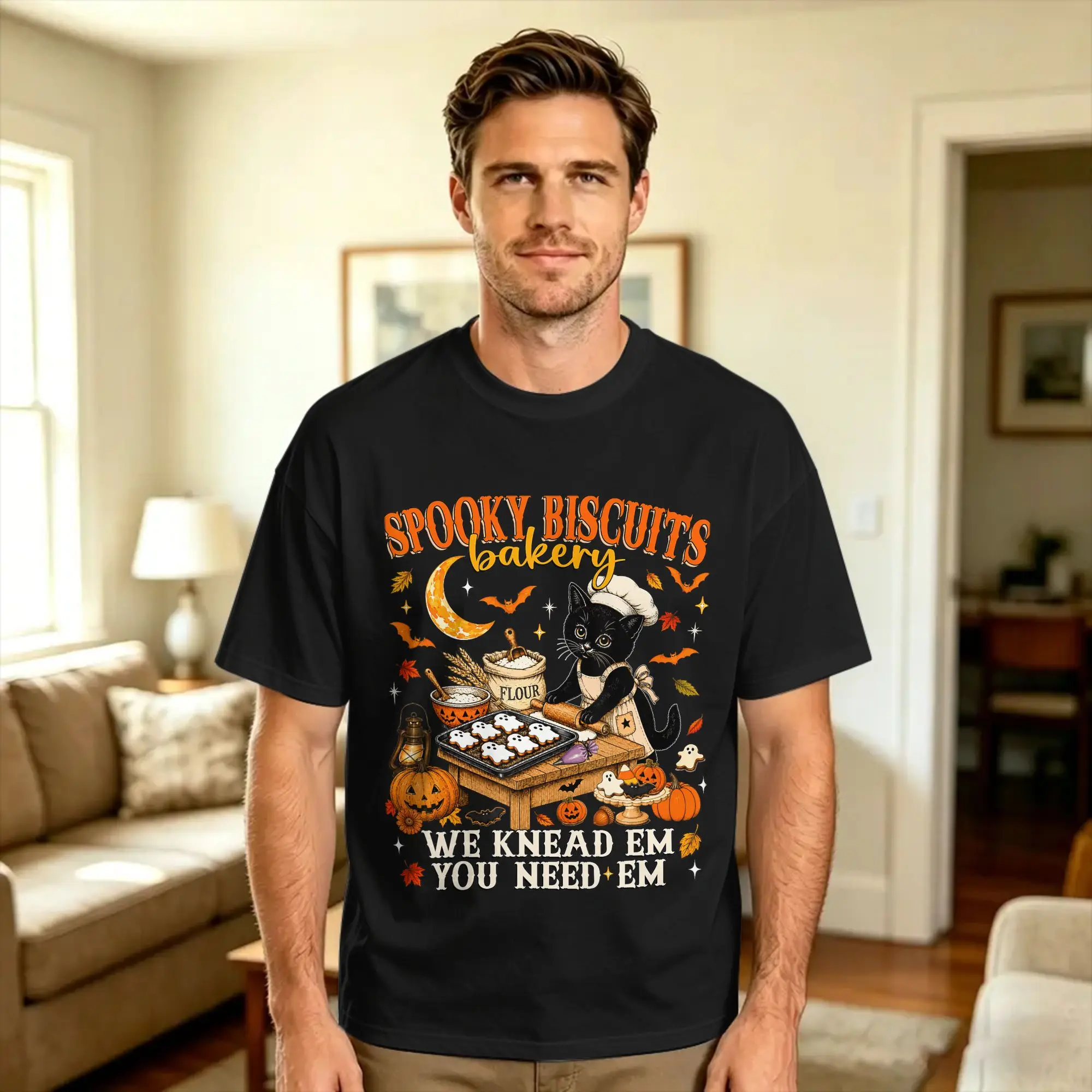 Harajuku T Shirt Funny Spooky Biscuits Bakery Black Cat Halloween Pumpkin Pure Cotton T Shirts  Hip Hop Tee Shirt  Summer Tops