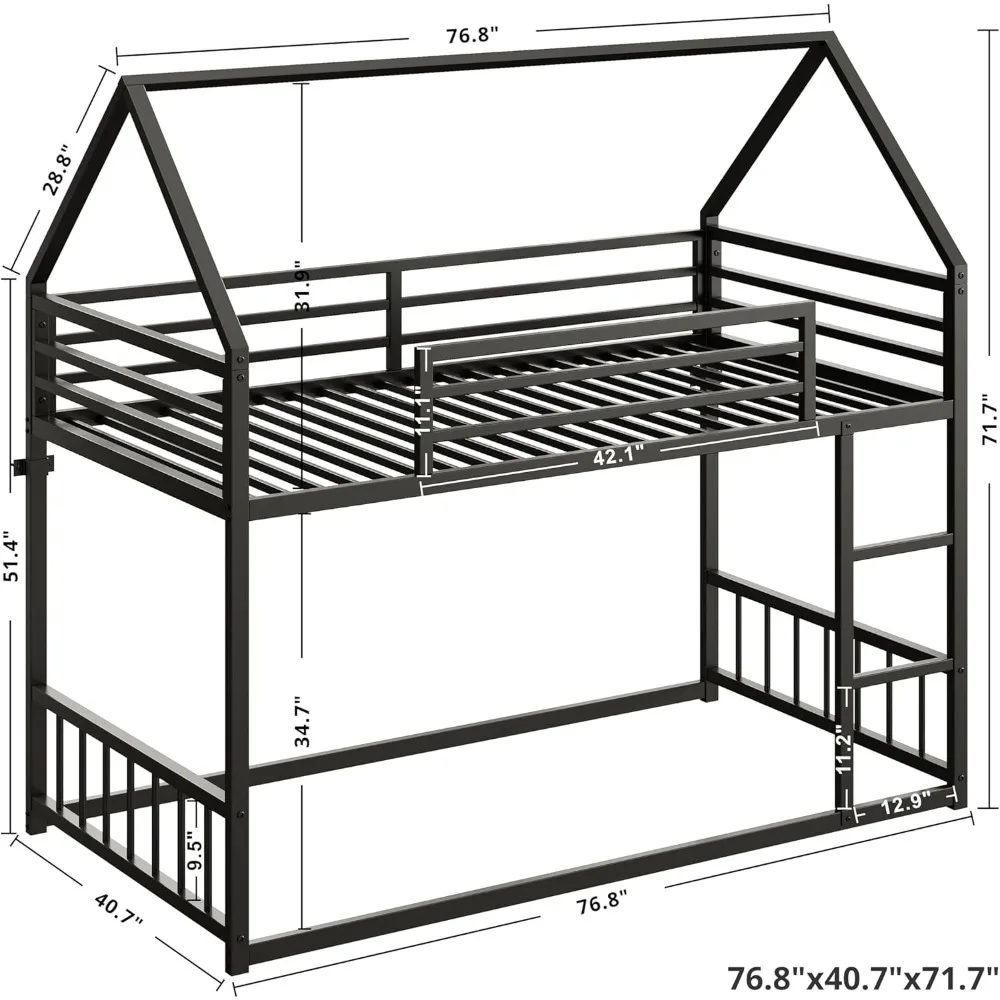 Bunk Bed Twin Over Twin, House Bunk Bed Frame with Ladder and Guardrail, House Shaped with Metal Slats for Dormitory