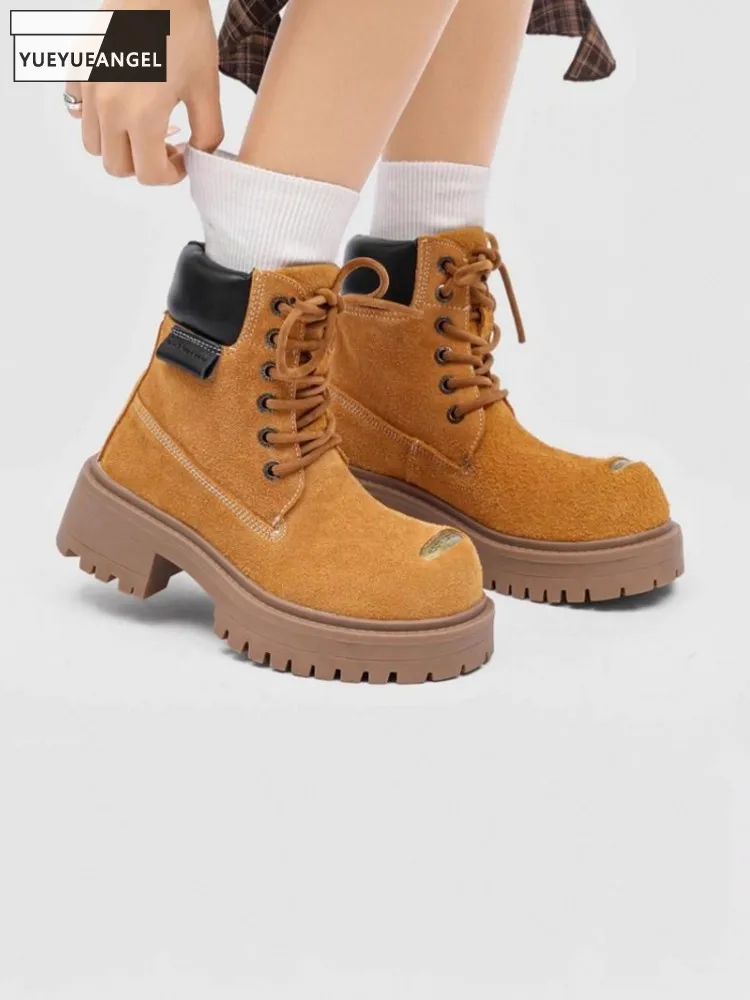 

Handmade Casual Fashion Men Women British Style Lace Up Cow Suede Leather Wear Resistant Thick Platform High Heel Ankle Boots