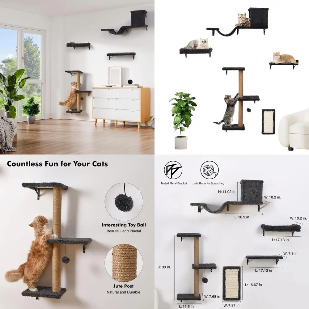 

Multi-Level Indoor Cat Wall Shelves, Natural Wood, Gray - Space-Saving Climbing and Resting Furniture for Cats