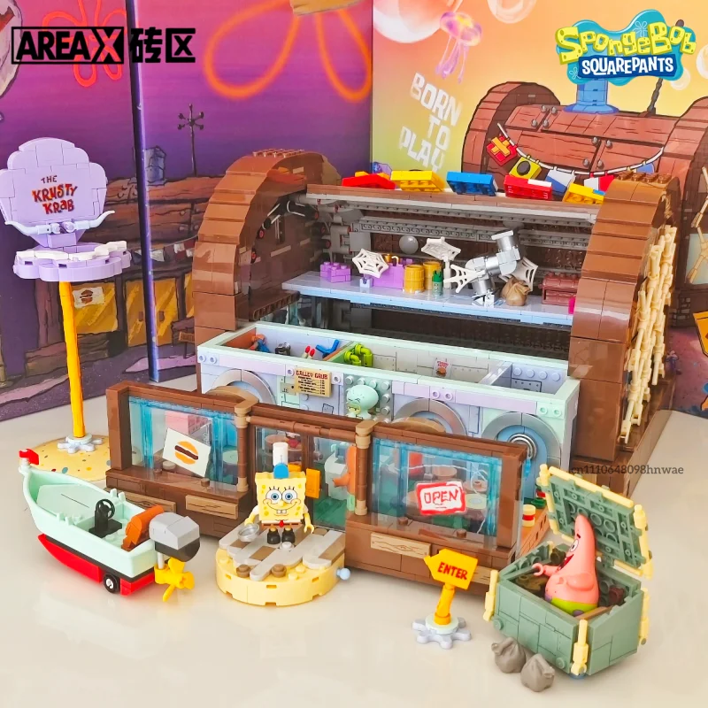 AREA-X Bloques de Construcción de la Serie Bob Esponja: Krusty Krab, Casa de Piña, Casa de Árbol de Sandy Cheeks, Juguetes Ensamblables, Adornos y Regalos
