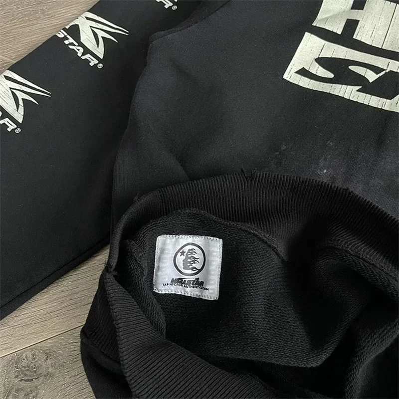 24ss Hoodie dicuci hitam pria wanita, pakaian olahraga ukuran besar katun murni kerah bundar 96 Hip Hop