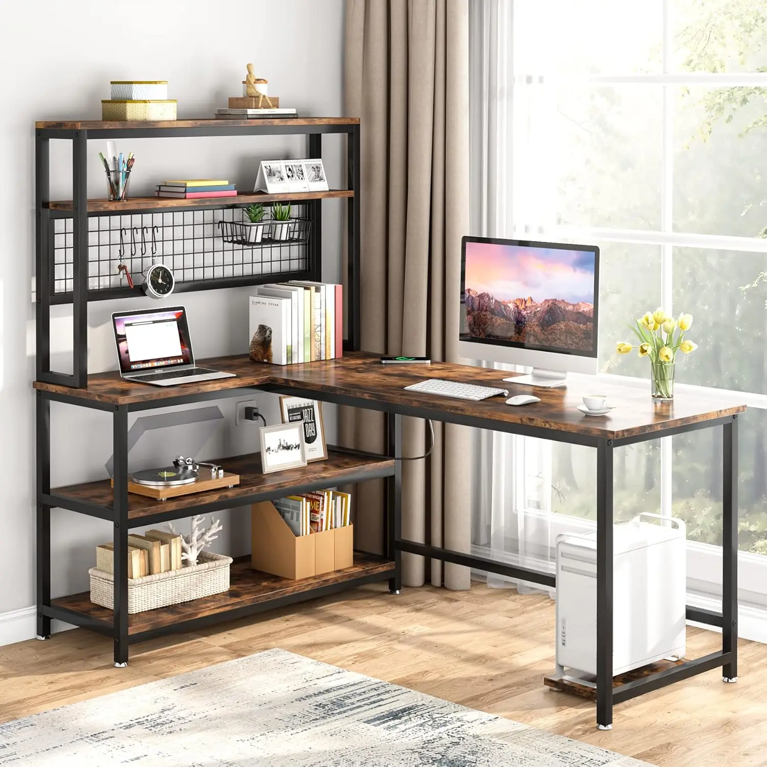 

55" Large Computer Desk with Wireless Charging 5 Storage Shelves, Office Desk Study Table Writing Desk Workstation