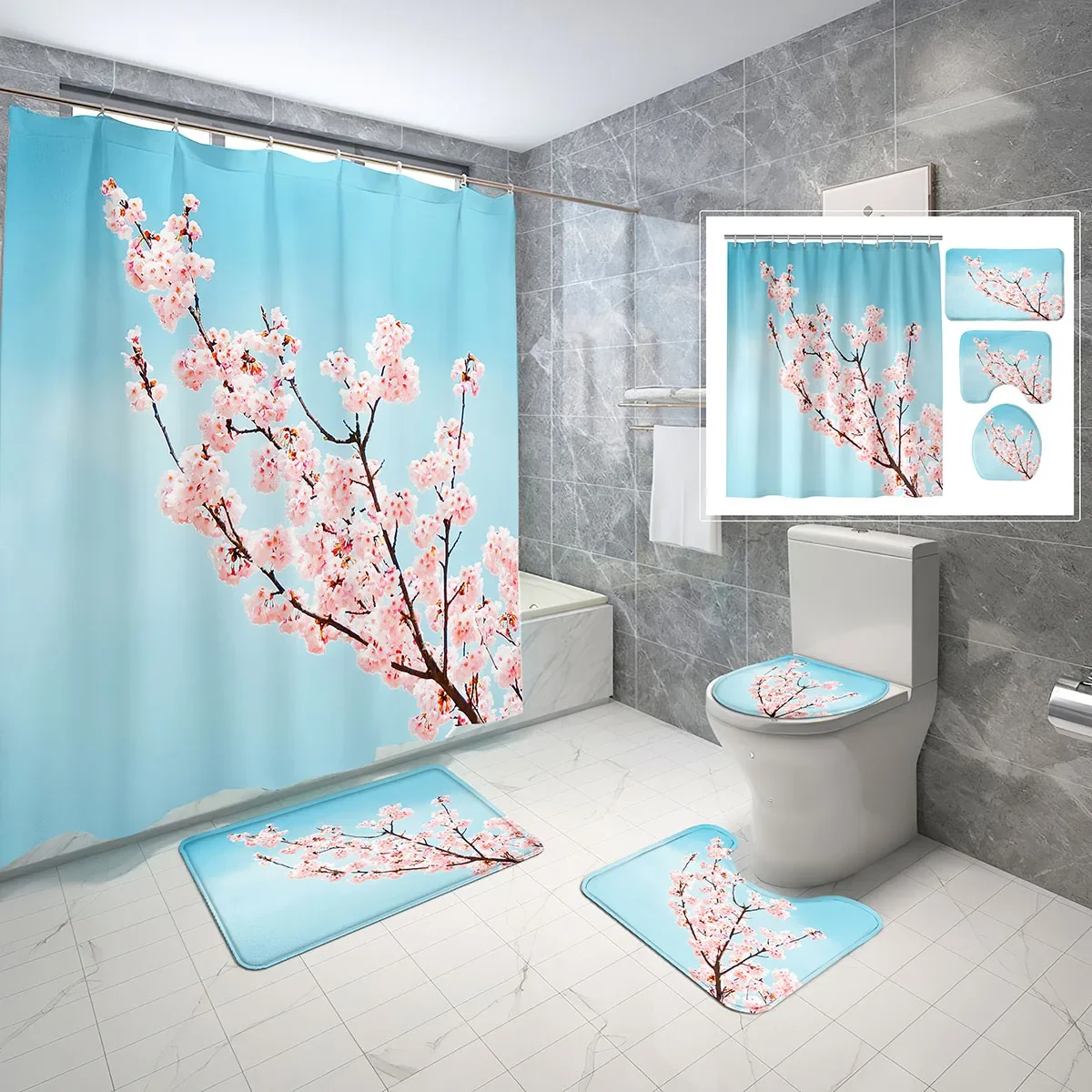 

4 комплекта занавесок для душа с цветком вишни, нескользящим ковриком для ванной, крышкой для унитаза и комплектом занавесок для душа с весенними розовыми цветами