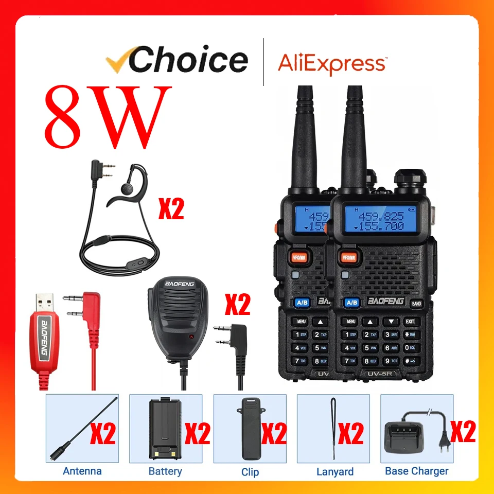 

Baofeng Official Store 2Pcs UV-5R 8W/5W Tri-Power Walkie Talkie High Power Dual Band Long Range Portable Handheld UV 5R Radio