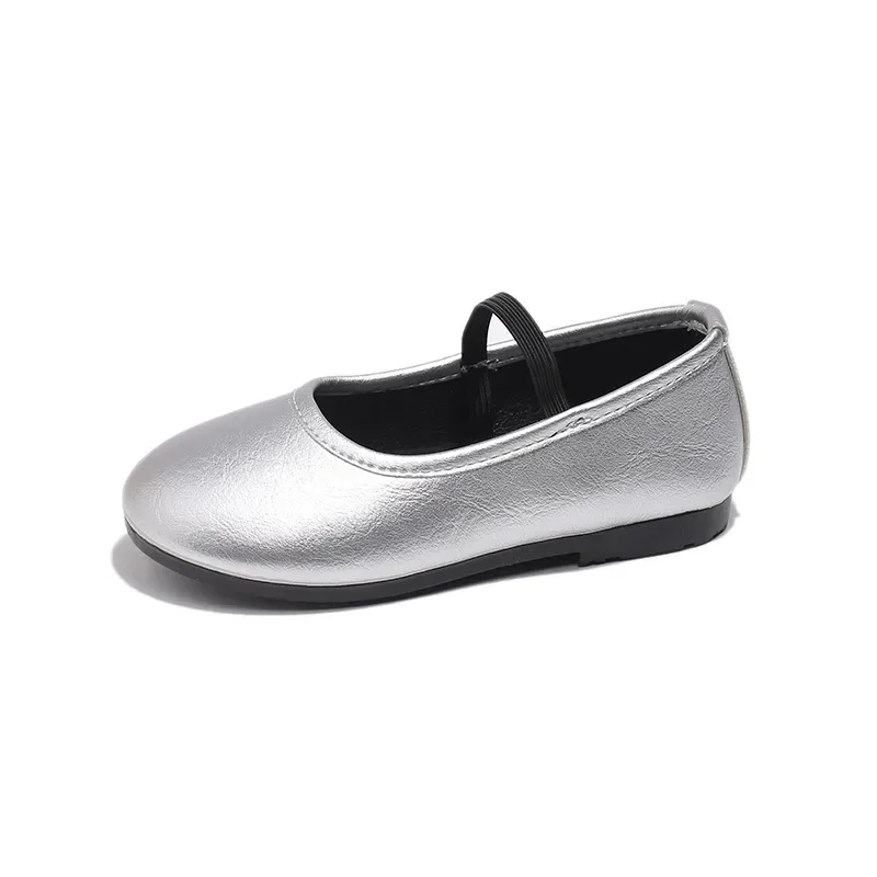 Fashion Girls Silver Ballet Shoes Simple Causal Kids Leather Shoe for Princess Versatile Children's Flats for School Performance