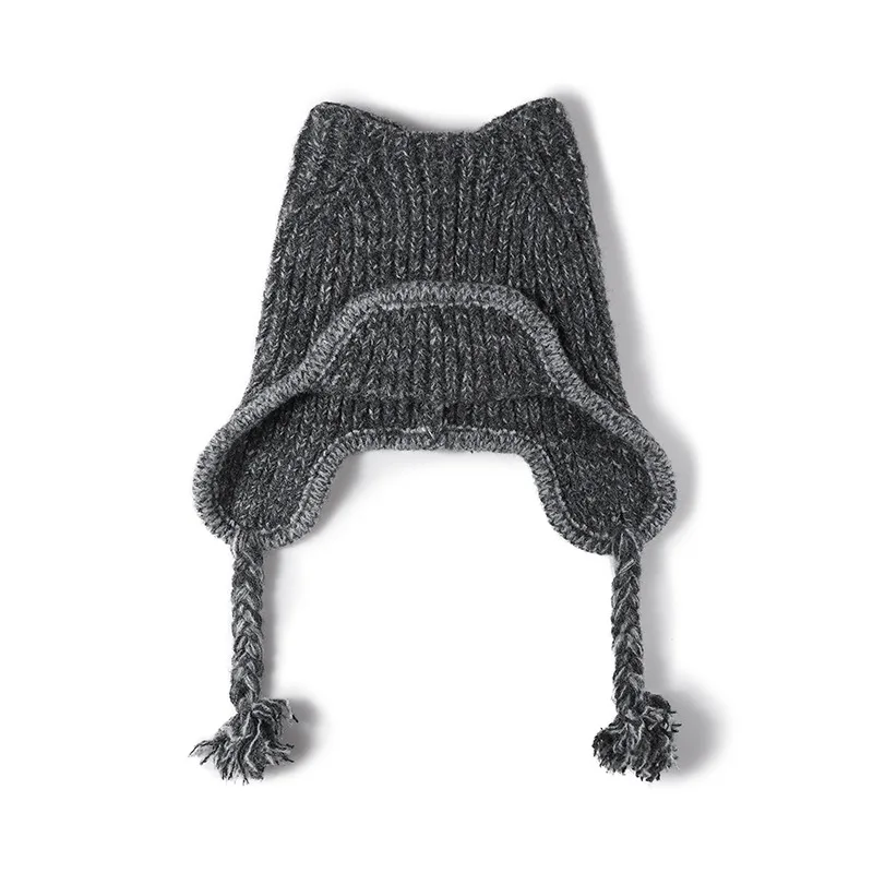 Wool Blend Ribbed Knit Earflap Hat with Braided Tassels Solid Warm Winter Beanie Hats for Women Girls Cute Caps