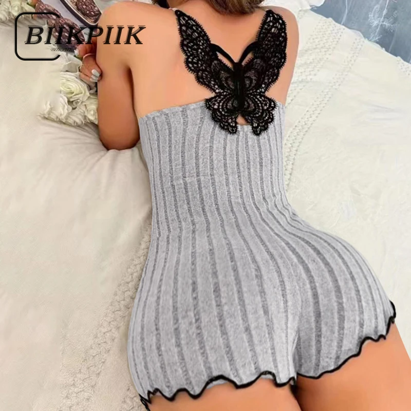 BIIKPIIK-monos de mariposa de encaje Sexy para mujer, monos cortos de punto contrastantes, ropa de estar por casa, monos dulces, Club de verano, moda