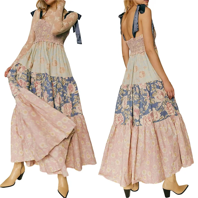 CGS-Donna floreale Boho Vestito estivo con cravatta sulla spalla Smocked Patchwork Abiti maxi fluidi con tasche Estate Autunno