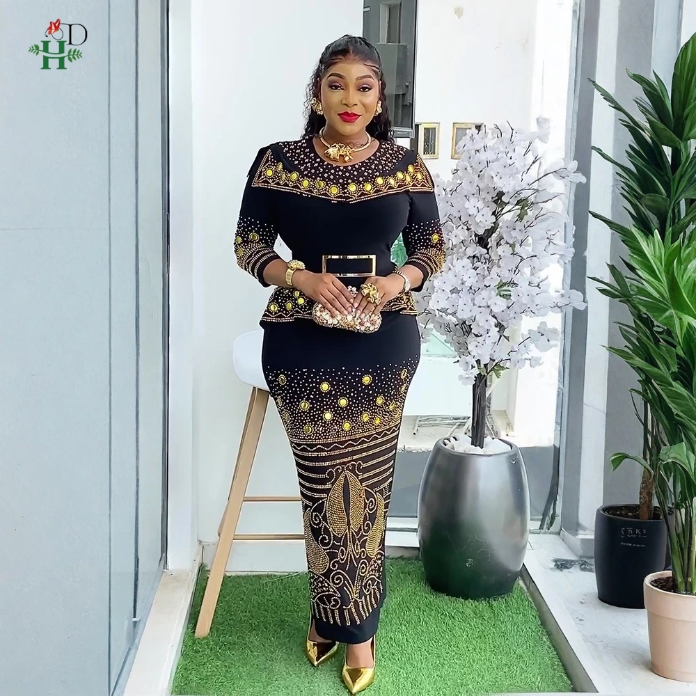 

H&D Plus Size African Dress with Gold Embroidered Patterns 3/4 Sleeves with Belt Mermaid Maxi Skirt For Weddings Parties Galas