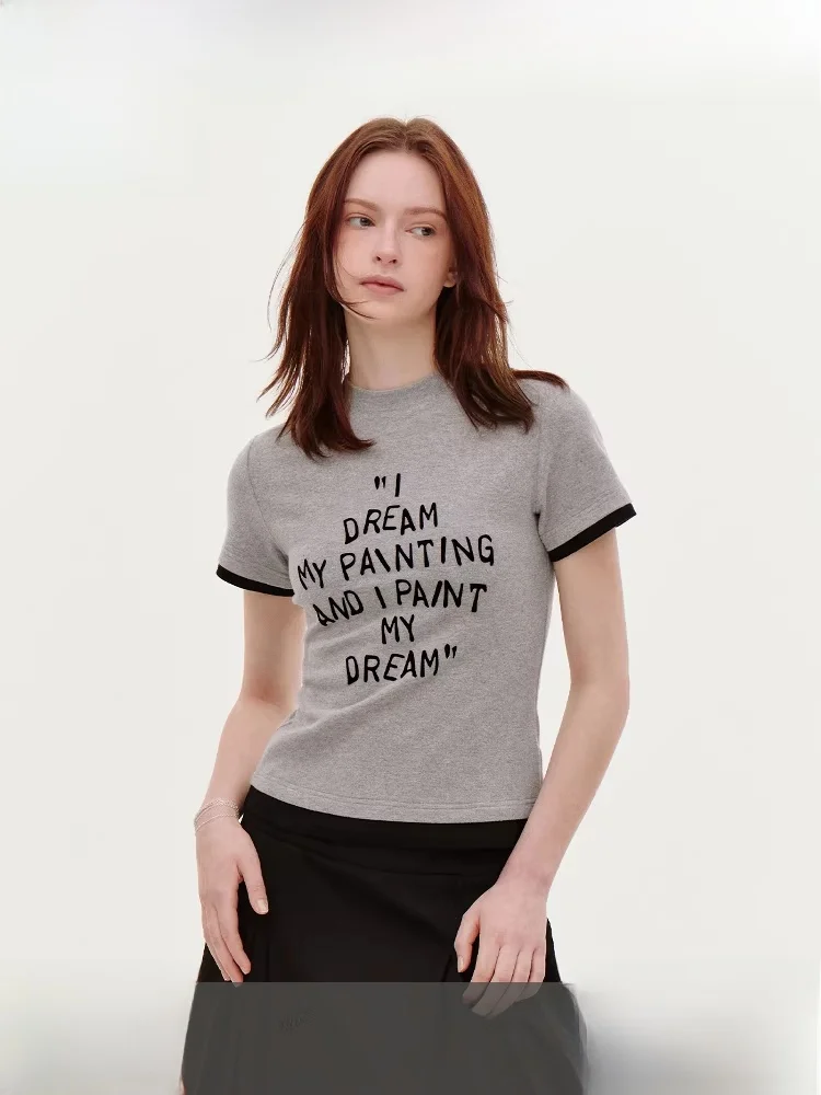 

Летняя женская футболка Fano с принтом, имитация двухслойности, контрастные цвета, корейский стиль, облегающий крой, круглый вырез