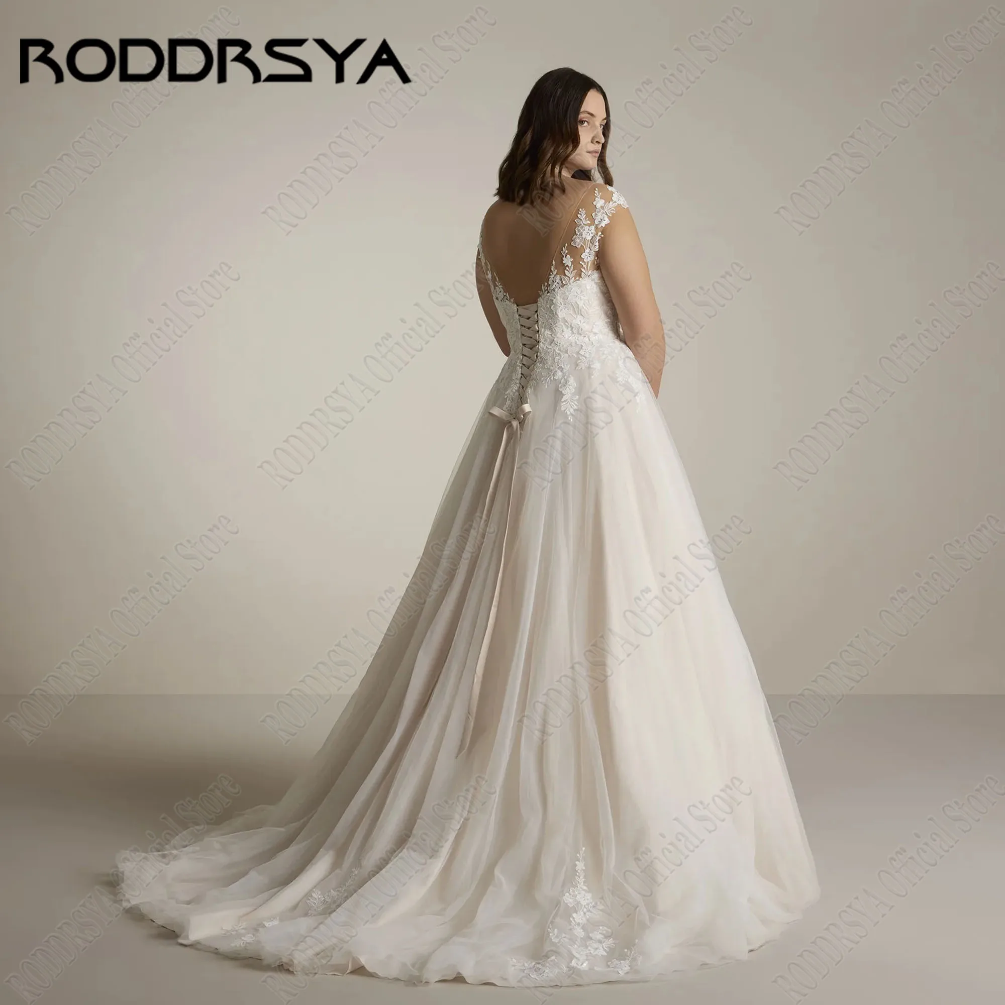 RODDRSYA gaun pernikahan elegan Backless wanita leher O topi lengan Applique A-Line gaun pengantin renda gaun pengantin menyapu kereta gaun pengantin