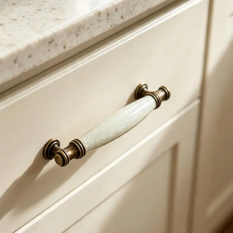 652F Cabinet Pull Handle with White Insert Detail and Warm Metal Mounts for Furniture Repair and Daily Home Use Work