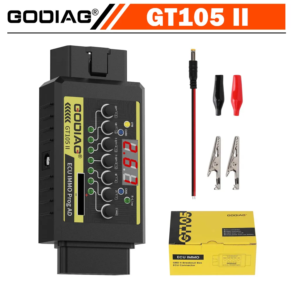 GODIAG GT105 II ECU IMMO Prog AD OBD2 Break Out Box Connector Display Vehicle Voltage Car Battery Lower Than 11V Alarm Prompt