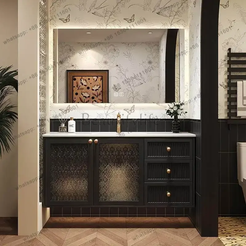Retro bathroom cabinet integrated ceramic basin rock slab bathroom hand wash washbasin solid wood paint