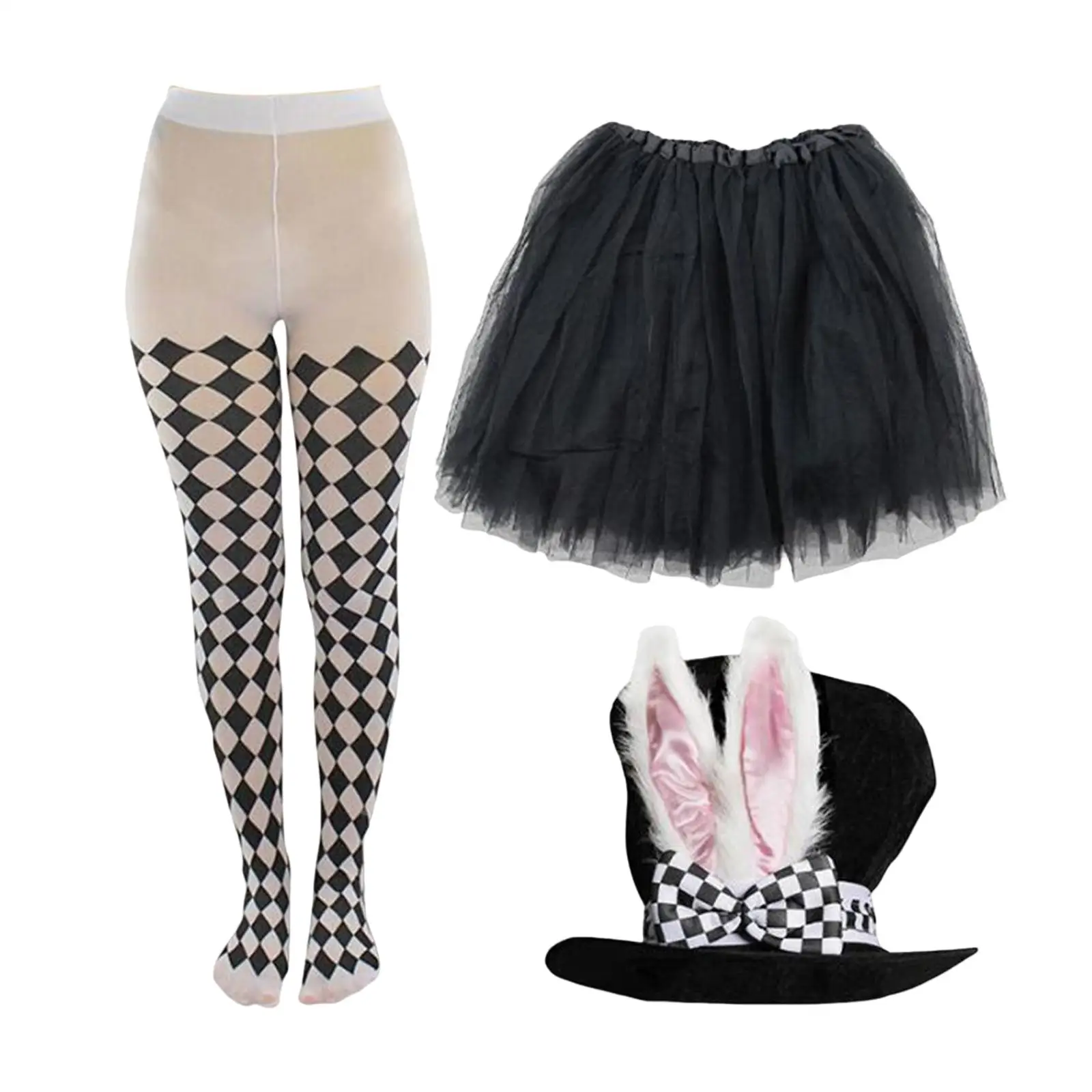 Novedad, conjunto de medias y falda de Pascua, sombrero de copa, disfraces con Orejas de conejo, tocado con lazo a cuadros para fiesta, vacaciones, Cosplay, cumpleaños