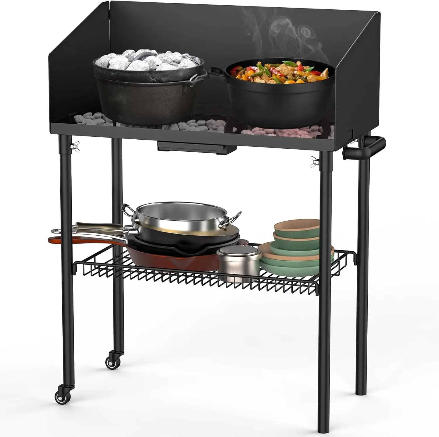 Camp Cooking Table for Dutch Ovens and Food Preparation, Collapsible Grill Table Camping Kitchen Station with Side Windscreen &