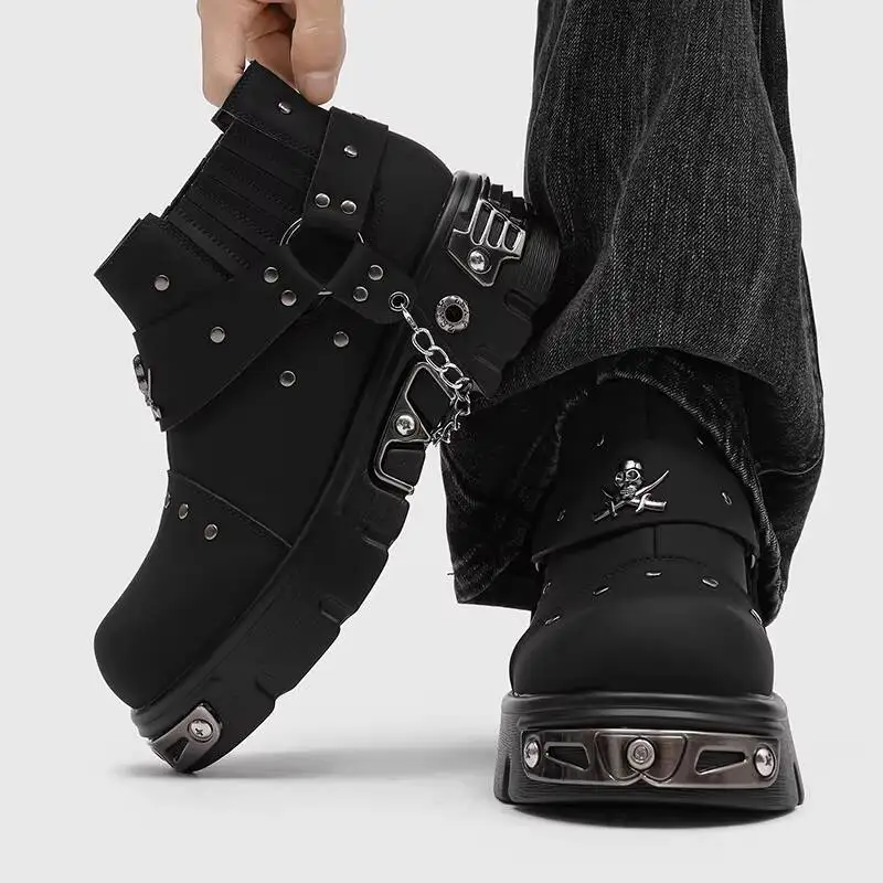 Gothic Punk Anke Boots Men's Black Matte Platform Short Boots Subculture Punk Style Skull Metal Chelsea Boots