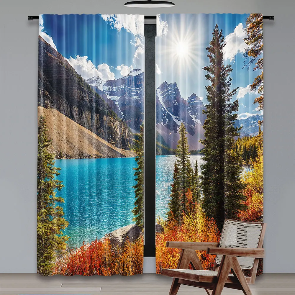 2Pcs Landscape Curtain National Park Banff Canadian Rockies Mountain Trees Glacial Lake Sunny Sky Suitable For Bedroom Bathroom