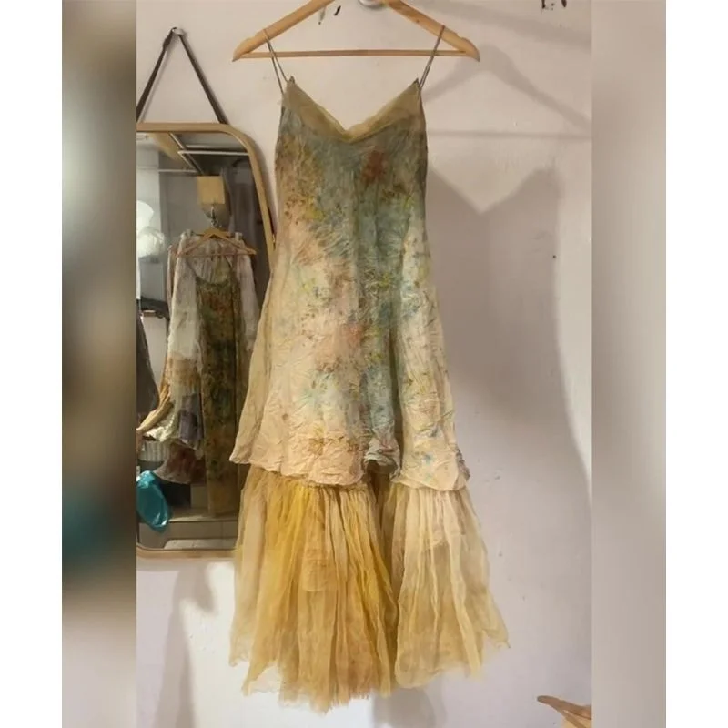 

Ele Slimming V-Ne ter Dr Fairy Oil Painting Sunset Print Waist-Cinching Mid-Length A-Line Gown without Sves