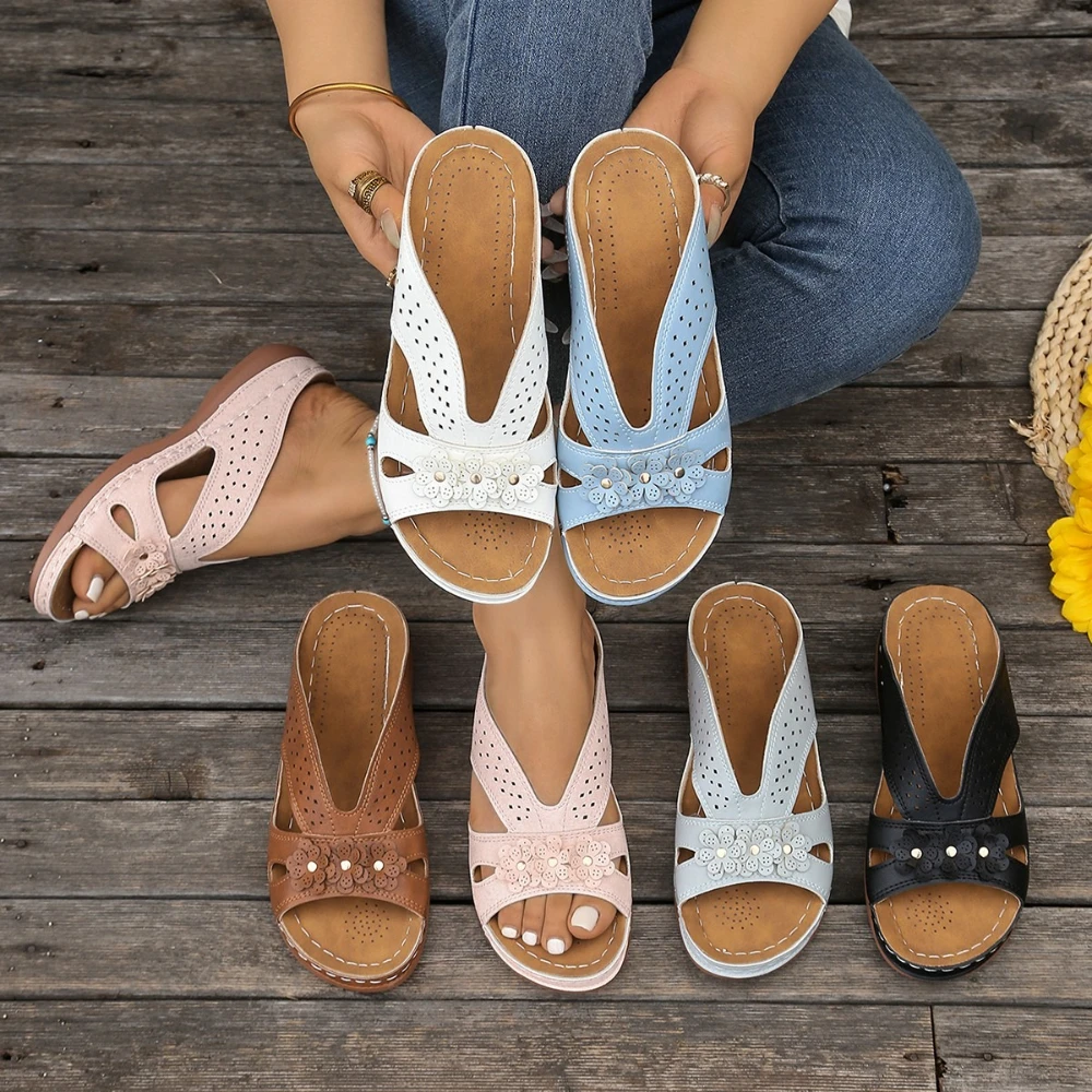 شباشب نسائية صيفية شرائح شاطئ مُزينة بالزهور مجوفة قابلة للتنفس كاجوال للسيدات سهلة الارتداء على منصة عصرية صنادل نسائية مريحة #6