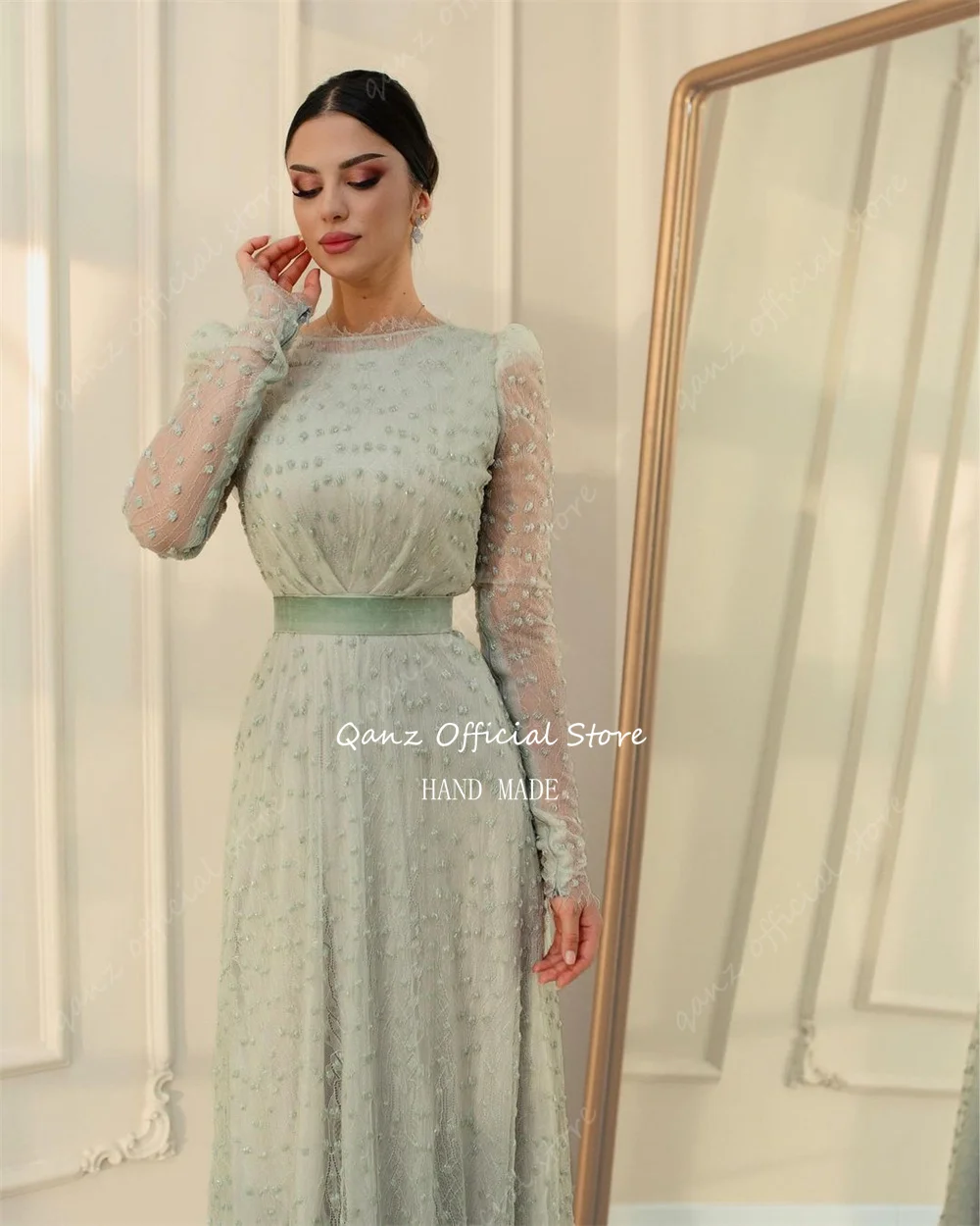 Qanz Sage Green Evening Dresses Long Sleeves Formal Occasion Dresses Elegant Vestidos Longos Para Eventos Especiai Customized