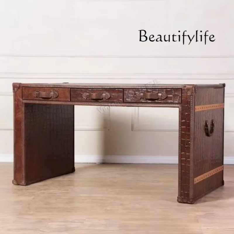 

XR Medieval Retro Oil Wax Leather American Side Few Living Room Sofa Side Cabinet Designer Large Flat Office Desk